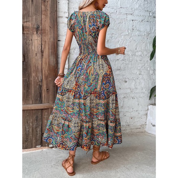 boho gypsy Paisley Print Shirred Detail Ruffle Hem Dress - Picture 2 of 12